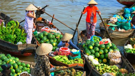 Colorful floating market on Mekong river